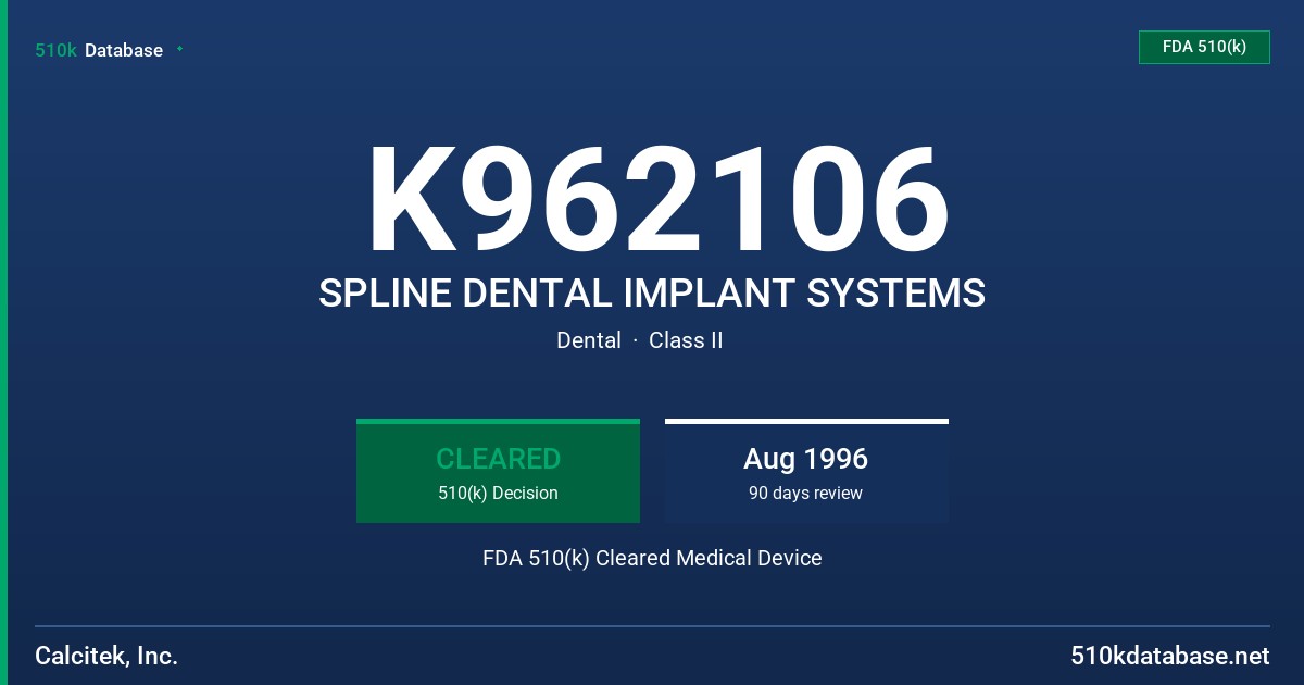 K962106 SPLINE DENTAL IMPLANT SYSTEMS FDA 510(k) Cleared Medical Device