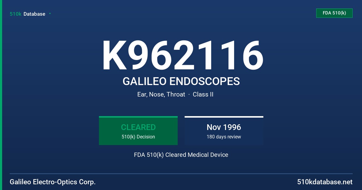 K962116 GALILEO ENDOSCOPES FDA 510(k) Cleared Medical Device