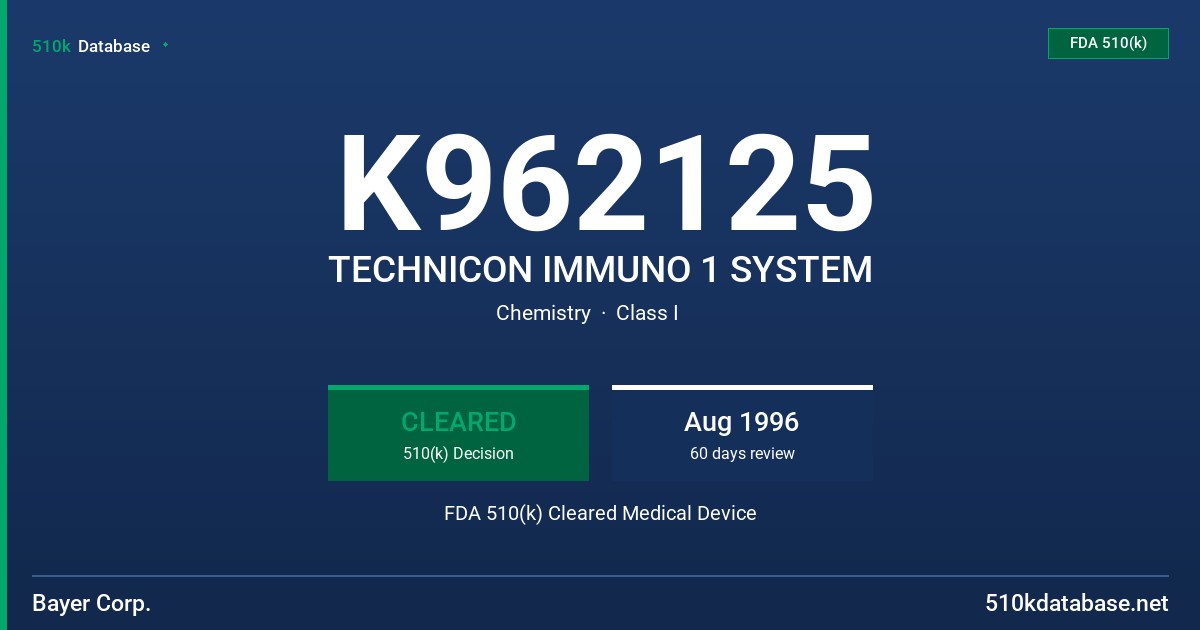 K962125 TECHNICON IMMUNO 1 SYSTEM FDA 510(k) Cleared Medical Device