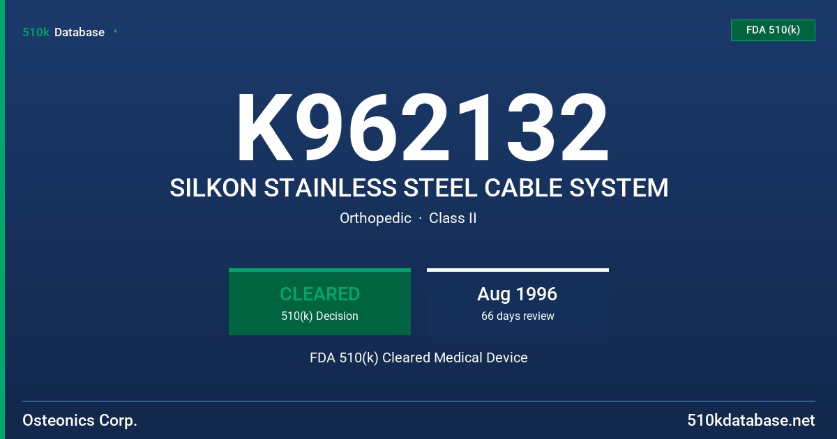 K962132 SILKON STAINLESS STEEL CABLE SYSTEM FDA 510(k) Cleared Medical Device