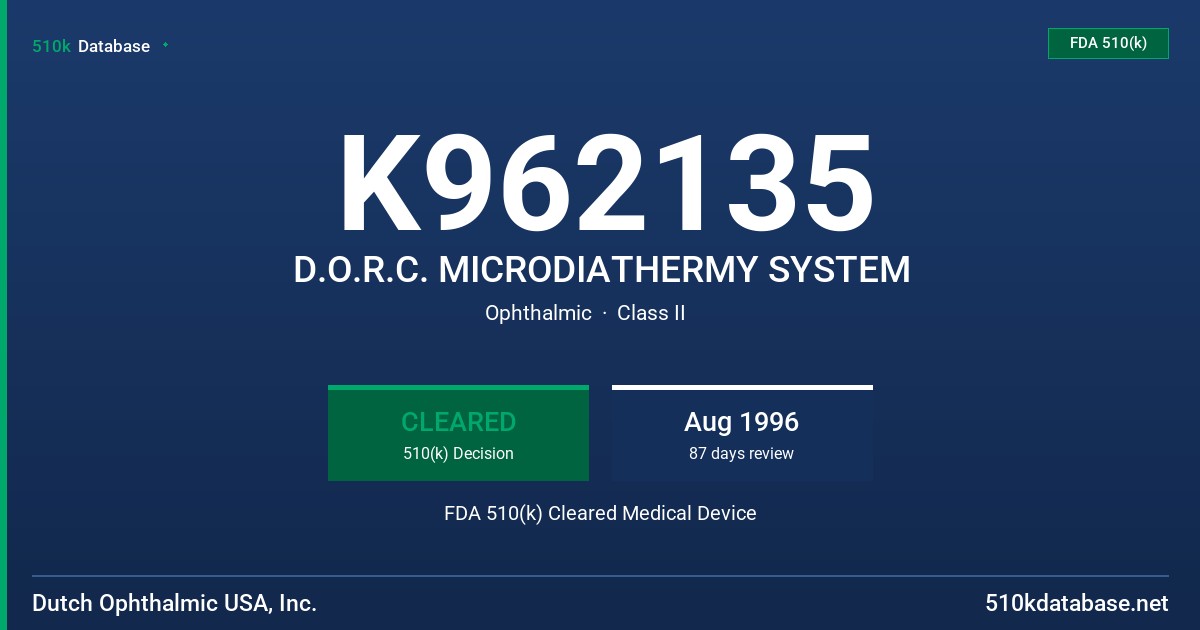 K962135 D.O.R.C. MICRODIATHERMY SYSTEM FDA 510(k) Cleared Medical Device
