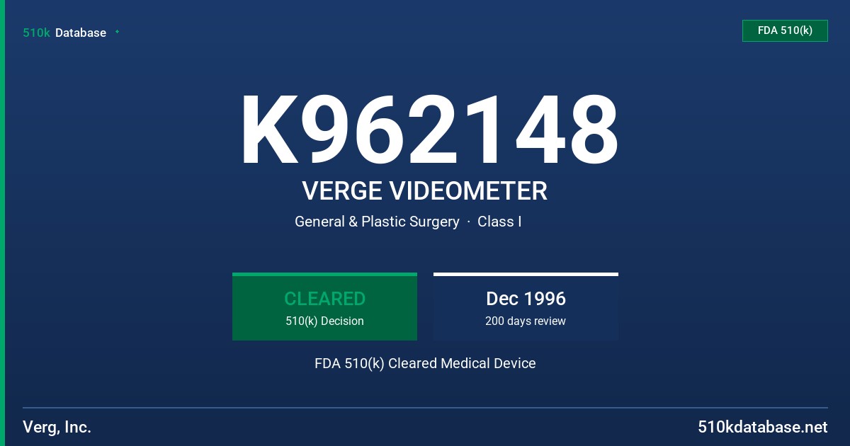 K962148 VERGE VIDEOMETER FDA 510(k) Cleared Medical Device