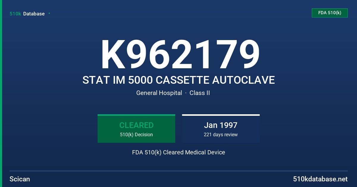 K962179 STAT IM 5000 CASSETTE AUTOCLAVE FDA 510(k) Cleared Medical Device
