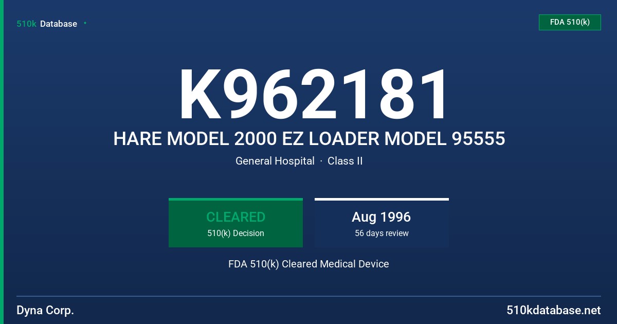 K962181 HARE MODEL 2000 EZ LOADER MODEL 95555 FDA 510(k) Cleared Medical Device