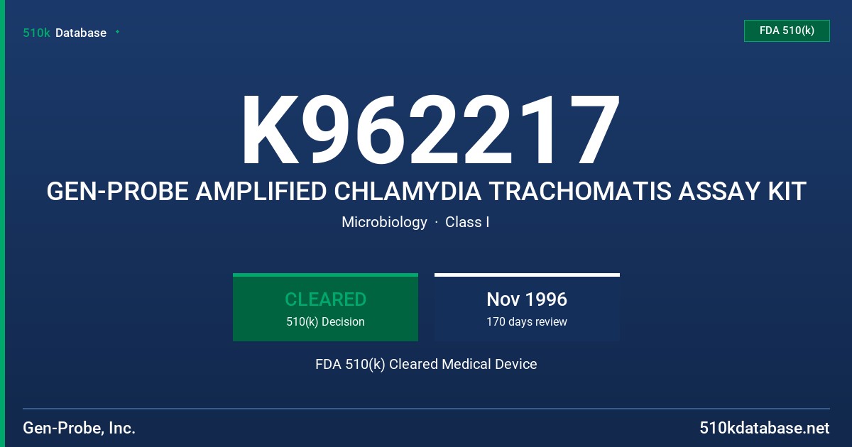 K962217 GEN-PROBE AMPLIFIED CHLAMYDIA TRACHOMATIS ASSAY KIT FDA 510(k) Cleared Medical Device