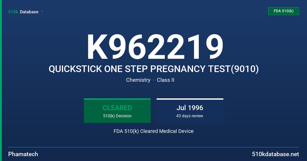 K962219 QUICKSTICK ONE STEP PREGNANCY TEST(9010) FDA 510(k) Cleared Medical Device