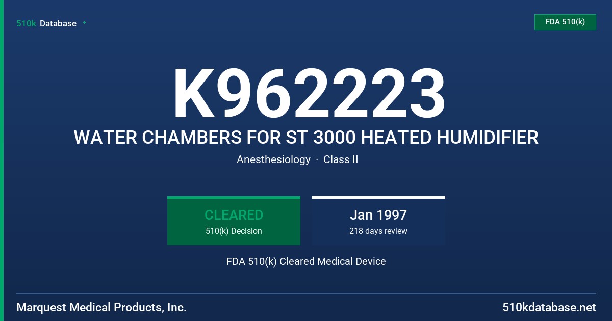 K962223 WATER CHAMBERS FOR ST 3000 HEATED HUMIDIFIER FDA 510(k) Cleared Medical Device
