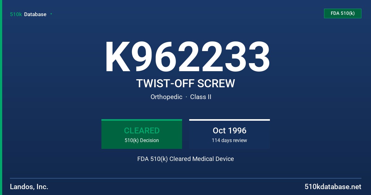K962233 TWIST-OFF SCREW FDA 510(k) Cleared Medical Device
