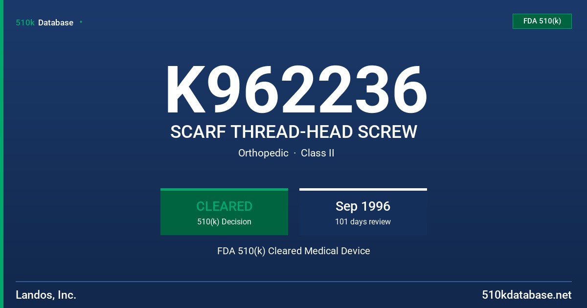 K962236 SCARF THREAD-HEAD SCREW FDA 510(k) Cleared Medical Device