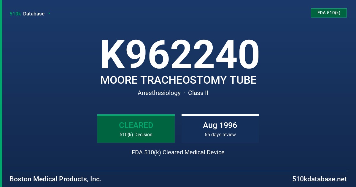 K962240 MOORE TRACHEOSTOMY TUBE FDA 510(k) Cleared Medical Device