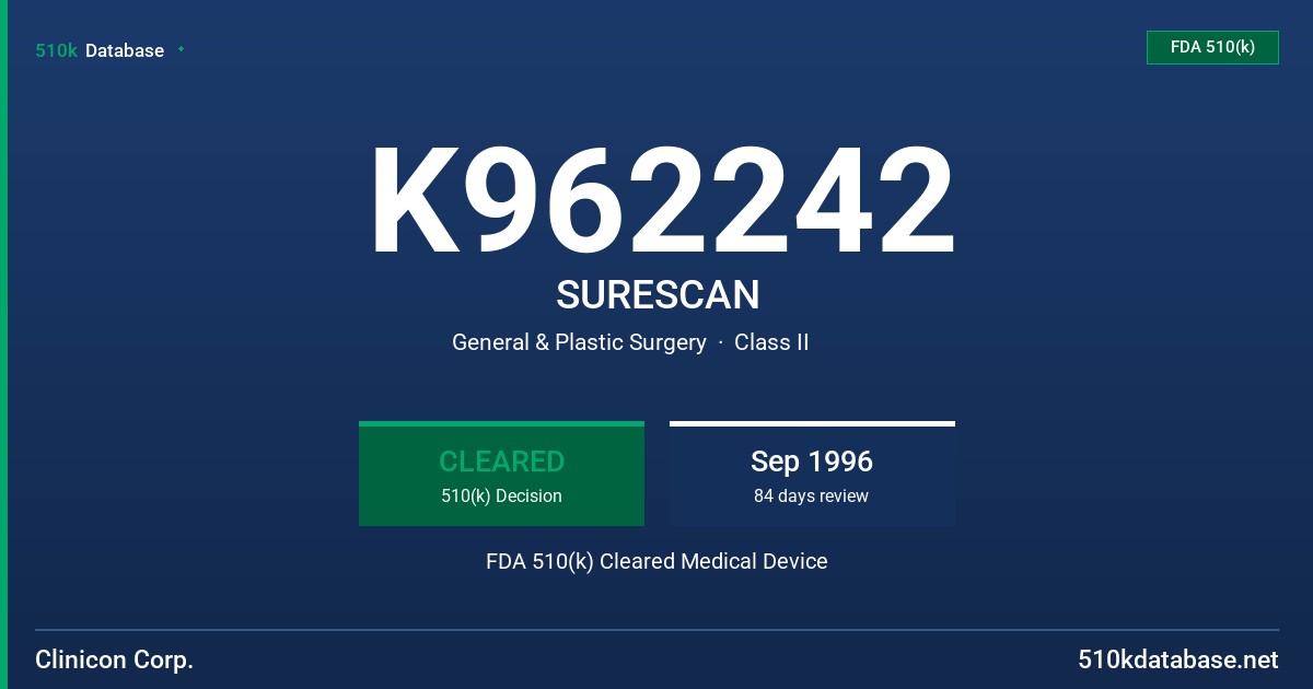 K962242 SURESCAN FDA 510(k) Cleared Medical Device