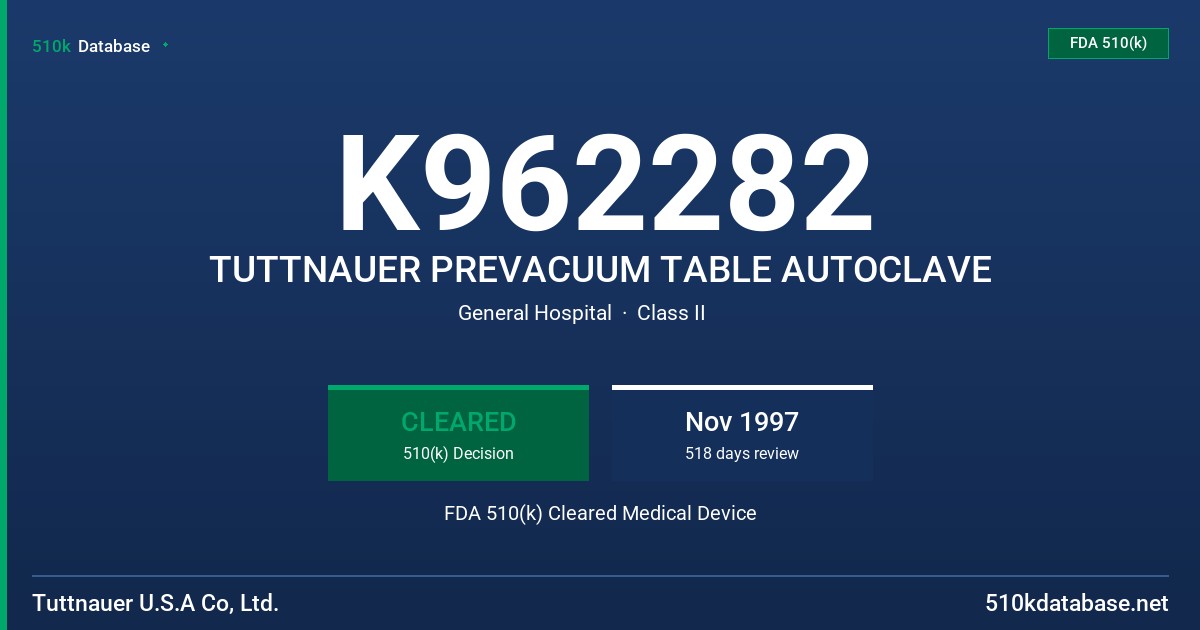 K962282 TUTTNAUER PREVACUUM TABLE AUTOCLAVE FDA 510(k) Cleared Medical Device