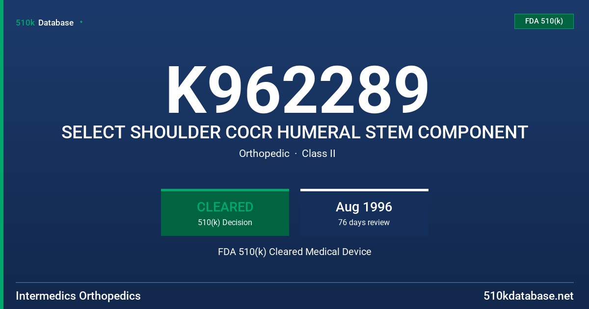 K962289 SELECT SHOULDER COCR HUMERAL STEM COMPONENT FDA 510(k) Cleared Medical Device