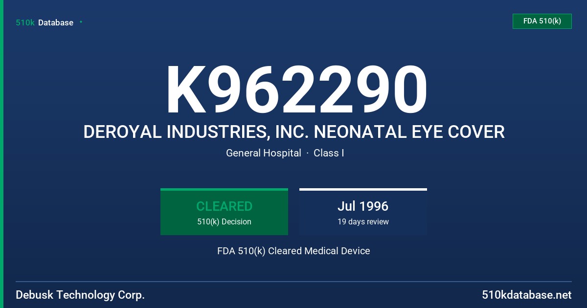 K962290 DEROYAL INDUSTRIES, INC. NEONATAL EYE COVER FDA 510(k) Cleared Medical Device