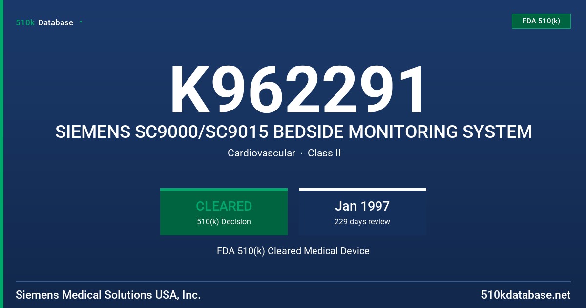 K962291 SIEMENS SC9000/SC9015 BEDSIDE MONITORING SYSTEM FDA 510(k) Cleared Medical Device