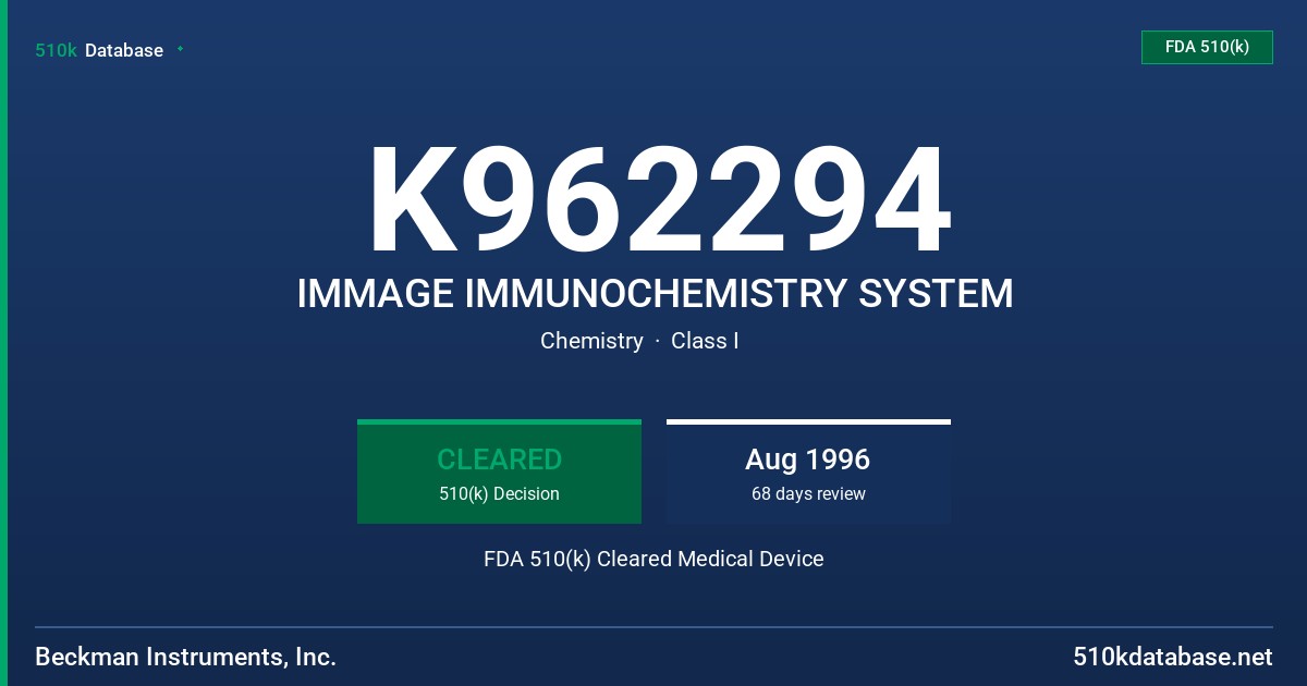 K962294 IMMAGE IMMUNOCHEMISTRY SYSTEM FDA 510(k) Cleared Medical Device