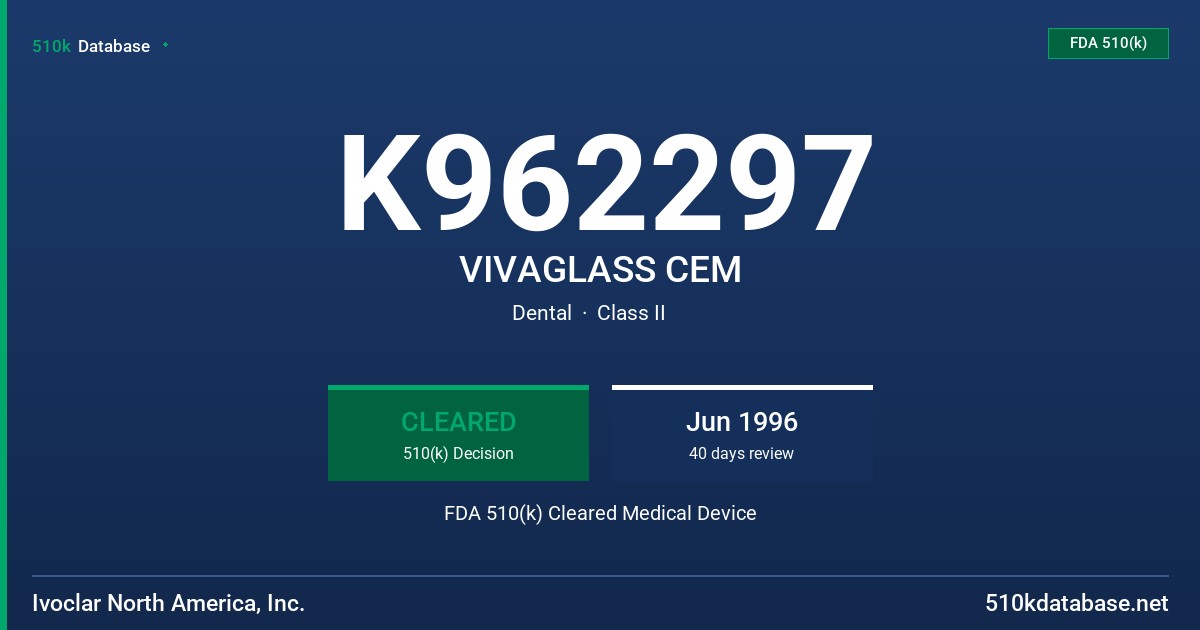 K962297 VIVAGLASS CEM FDA 510(k) Cleared Medical Device