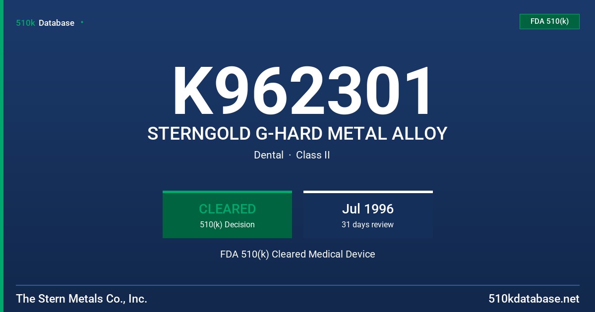 K962301 STERNGOLD G-HARD METAL ALLOY FDA 510(k) Cleared Medical Device