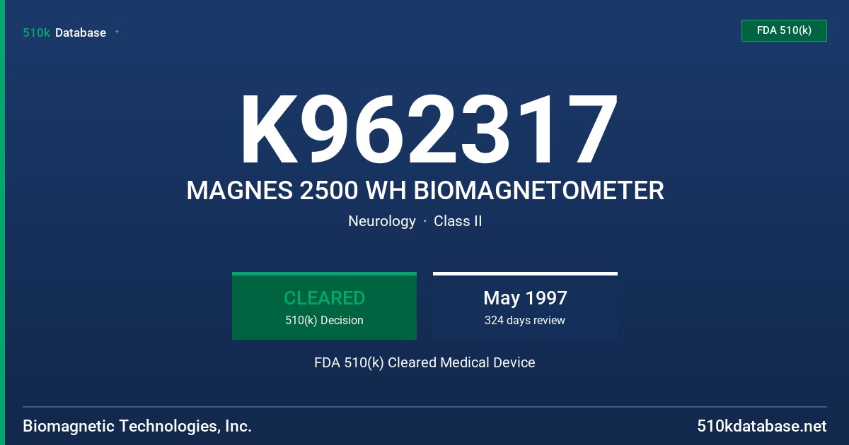 K962317 MAGNES 2500 WH BIOMAGNETOMETER FDA 510(k) Cleared Medical Device