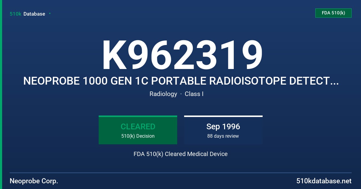 K962319 NEOPROBE 1000 GEN 1C PORTABLE RADIOISOTOPE DETECTOR & ACCESSORIES FDA 510(k) Cleared Medical Device
