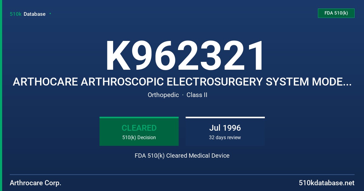 K962321 ARTHOCARE ARTHROSCOPIC ELECTROSURGERY SYSTEM MODEL 970 FDA 510(k) Cleared Medical Device