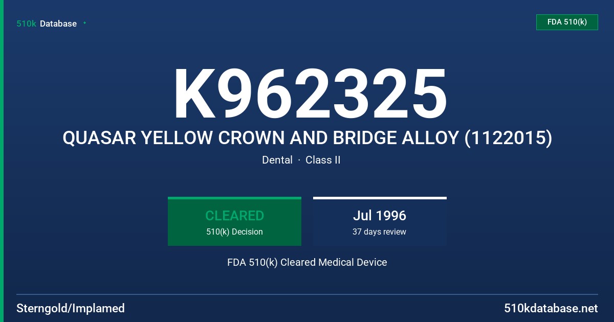 K962325 QUASAR YELLOW CROWN AND BRIDGE ALLOY (1122015) FDA 510(k) Cleared Medical Device