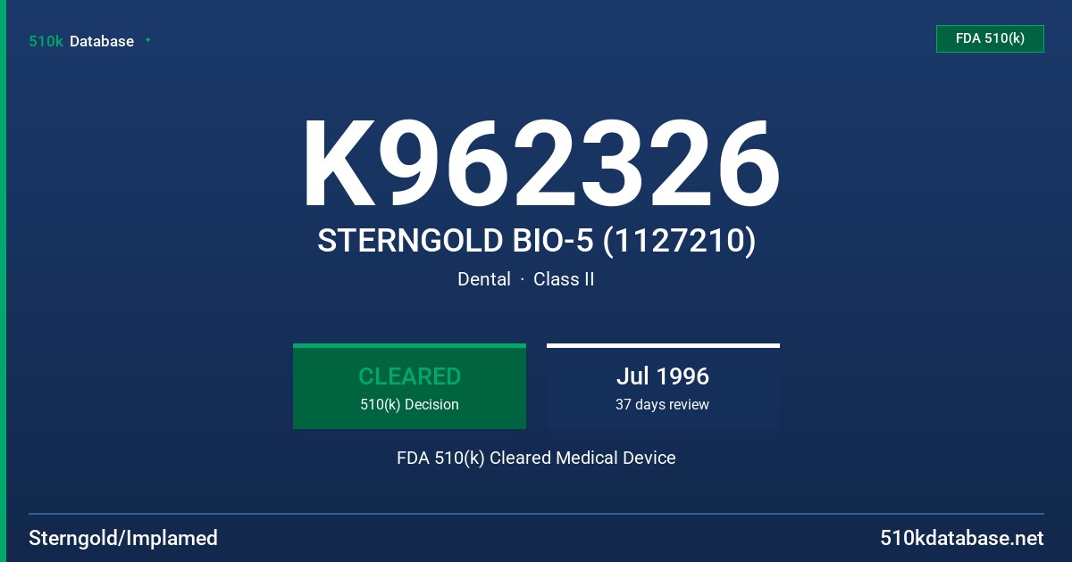 K962326 STERNGOLD BIO-5 (1127210) FDA 510(k) Cleared Medical Device