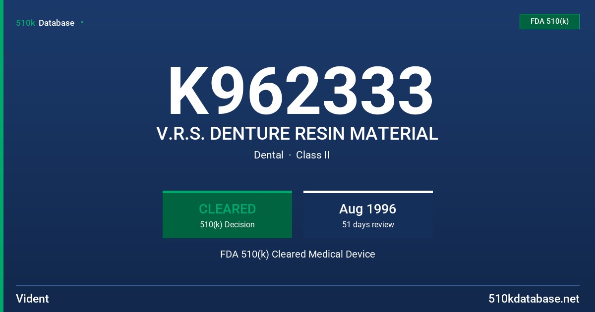 K962333 V.R.S. DENTURE RESIN MATERIAL FDA 510(k) Cleared Medical Device