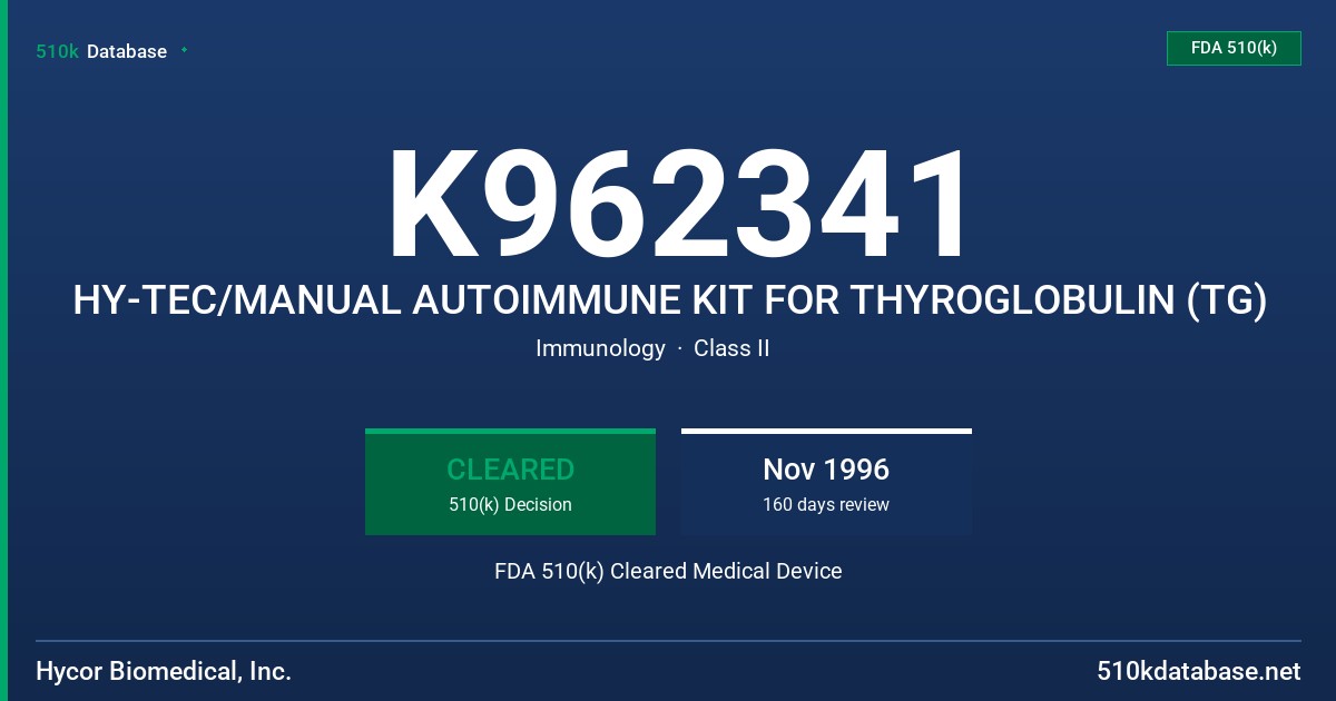K962341 HY-TEC/MANUAL AUTOIMMUNE KIT FOR THYROGLOBULIN (TG) FDA 510(k) Cleared Medical Device