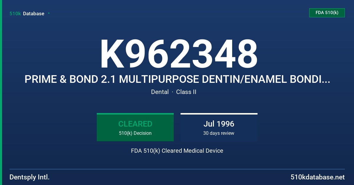 K962348 PRIME & BOND 2.1 MULTIPURPOSE DENTIN/ENAMEL BONDING AGENT FDA 510(k) Cleared Medical Device