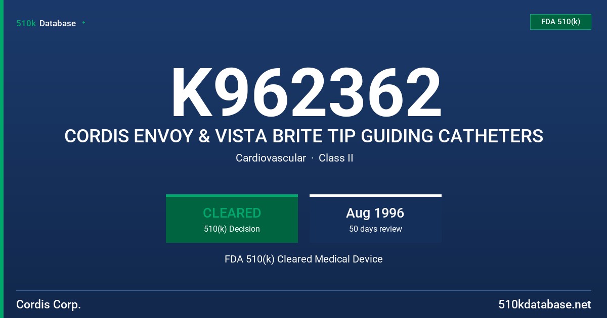 K962362 CORDIS ENVOY & VISTA BRITE TIP GUIDING CATHETERS FDA 510(k) Cleared Medical Device