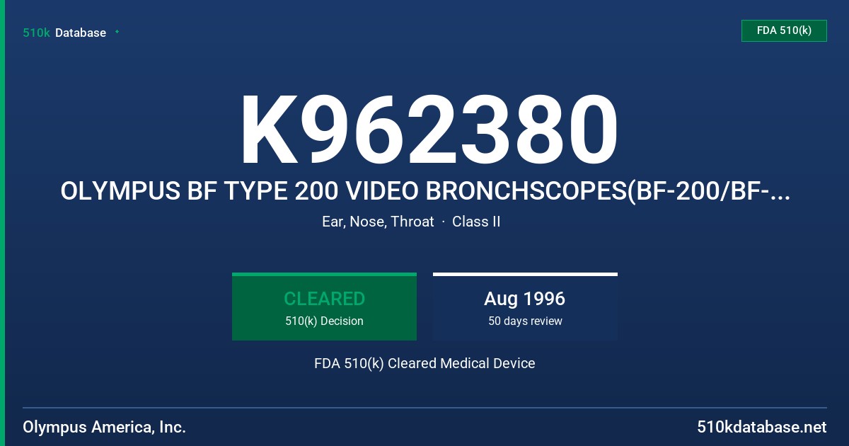 K962380 OLYMPUS BF TYPE 200 VIDEO BRONCHSCOPES(BF-200/BF-P200/BF-IT200) FDA 510(k) Cleared Medical Device