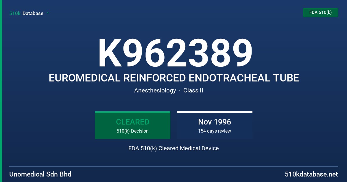 K962389 EUROMEDICAL REINFORCED ENDOTRACHEAL TUBE FDA 510(k) Cleared Medical Device