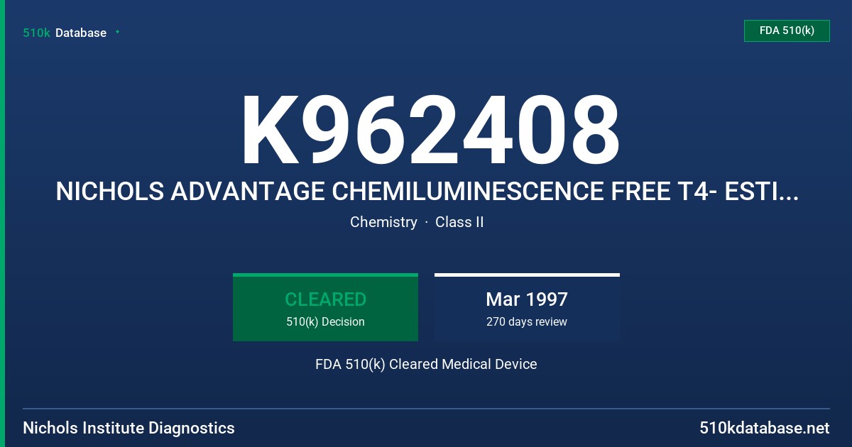 K962408 NICHOLS ADVANTAGE CHEMILUMINESCENCE FREE T4- ESTIMATE KIT FDA 510(k) Cleared Medical Device