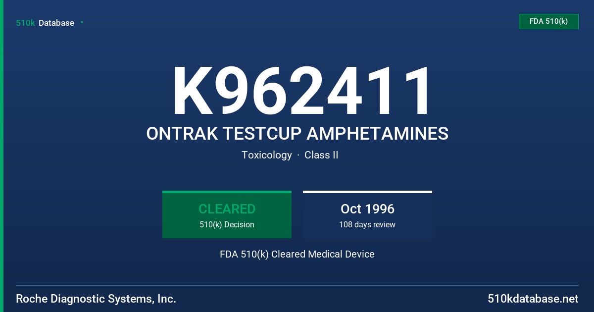 K962411 ONTRAK TESTCUP AMPHETAMINES FDA 510(k) Cleared Medical Device