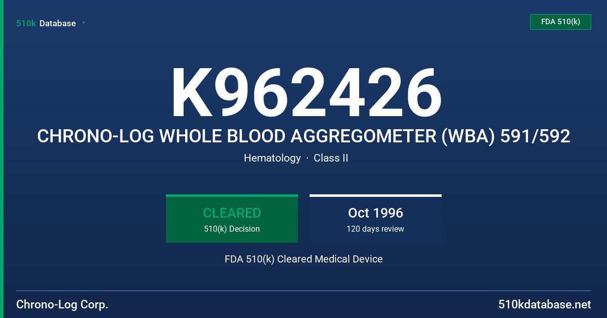K962426 CHRONO-LOG WHOLE BLOOD AGGREGOMETER (WBA) 591/592 FDA 510(k) Cleared Medical Device
