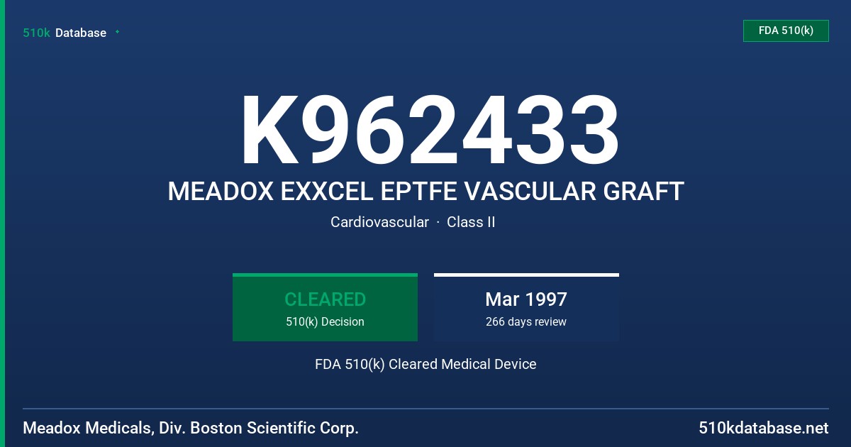 K962433 MEADOX EXXCEL EPTFE VASCULAR GRAFT FDA 510(k) Cleared Medical Device
