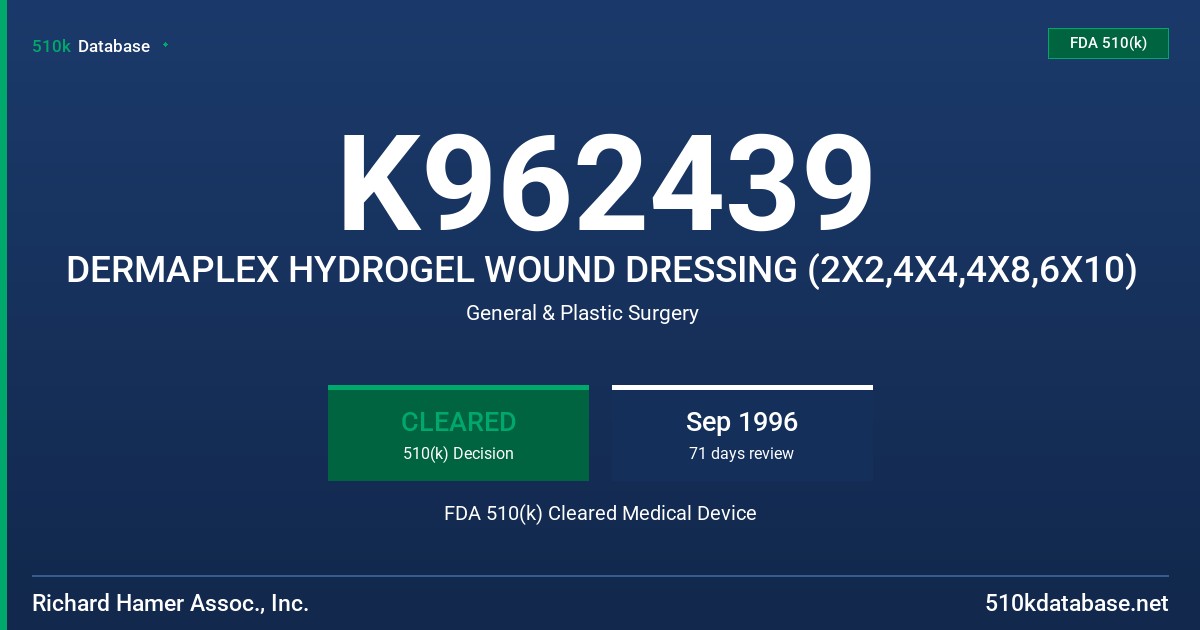 K962439 DERMAPLEX HYDROGEL WOUND DRESSING (2X2,4X4,4X8,6X10) FDA 510(k) Cleared Medical Device