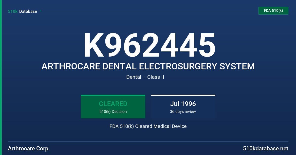 K962445 ARTHROCARE DENTAL ELECTROSURGERY SYSTEM FDA 510(k) Cleared Medical Device