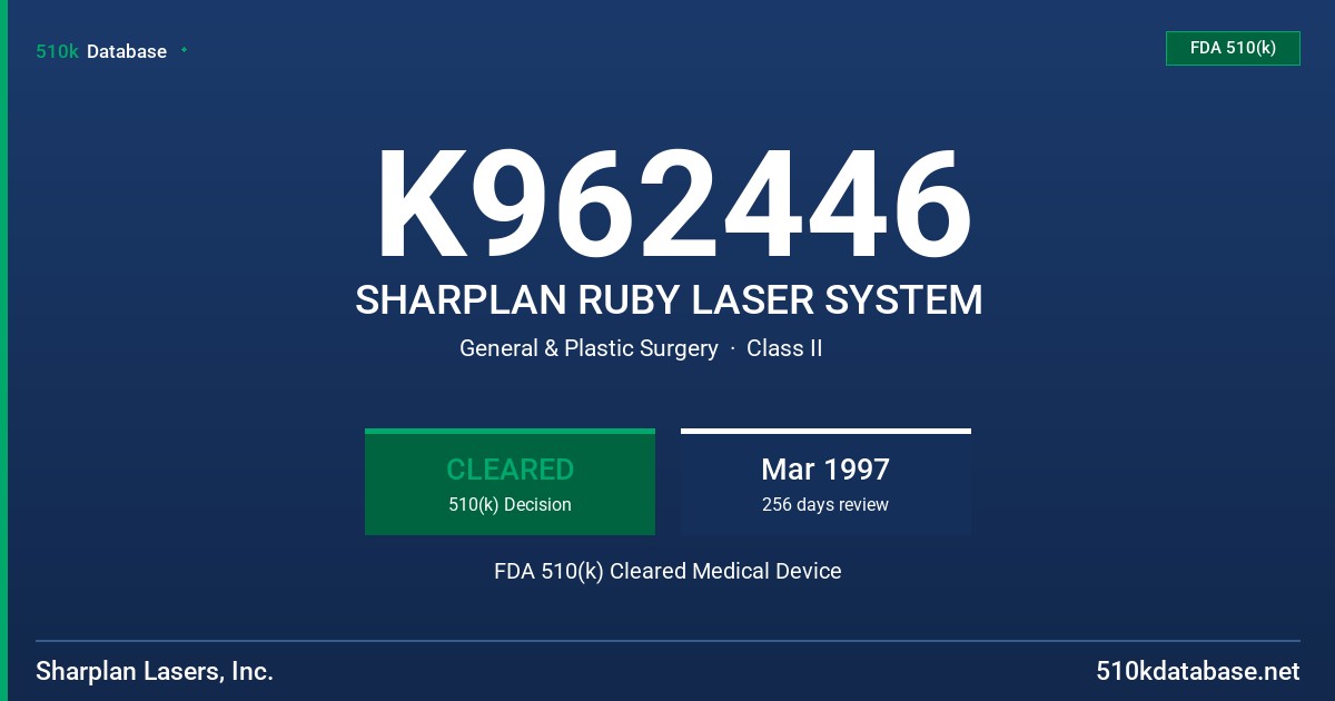 K962446 SHARPLAN RUBY LASER SYSTEM FDA 510(k) Cleared Medical Device