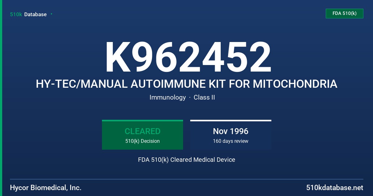 K962452 HY-TEC/MANUAL AUTOIMMUNE KIT FOR MITOCHONDRIA FDA 510(k) Cleared Medical Device