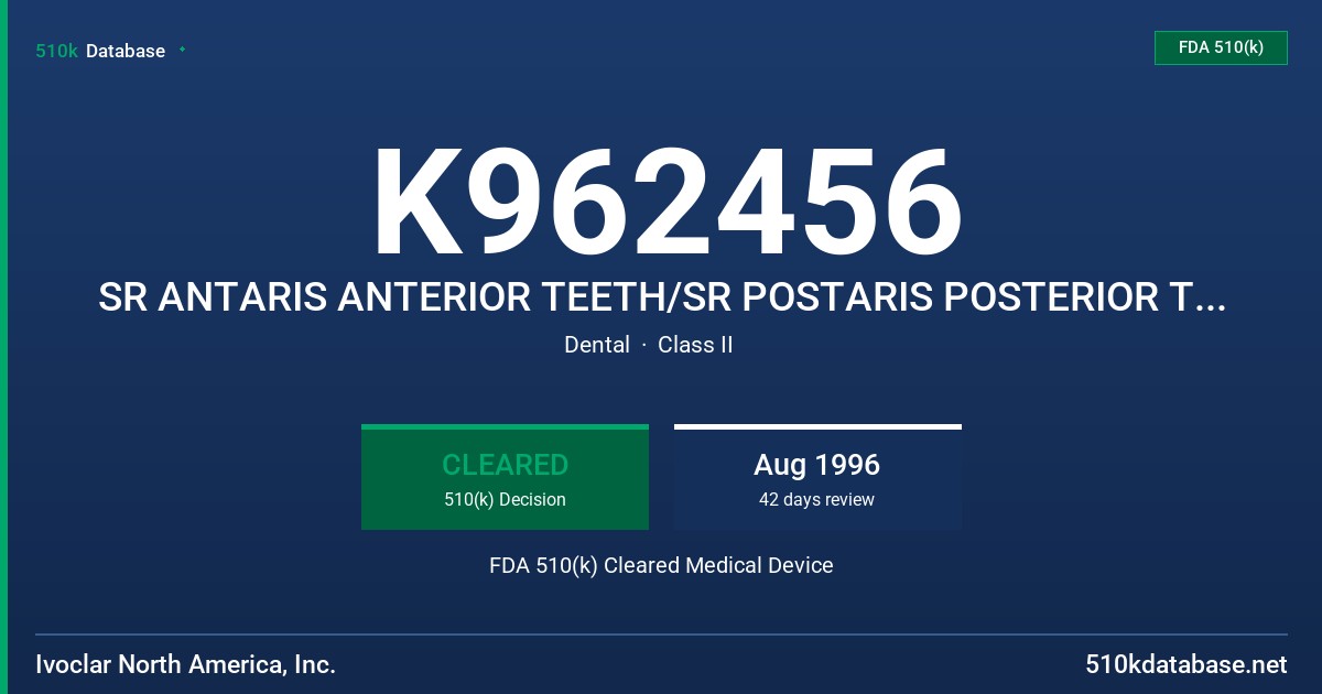 K962456 SR ANTARIS ANTERIOR TEETH/SR POSTARIS POSTERIOR TEETH FDA 510(k) Cleared Medical Device