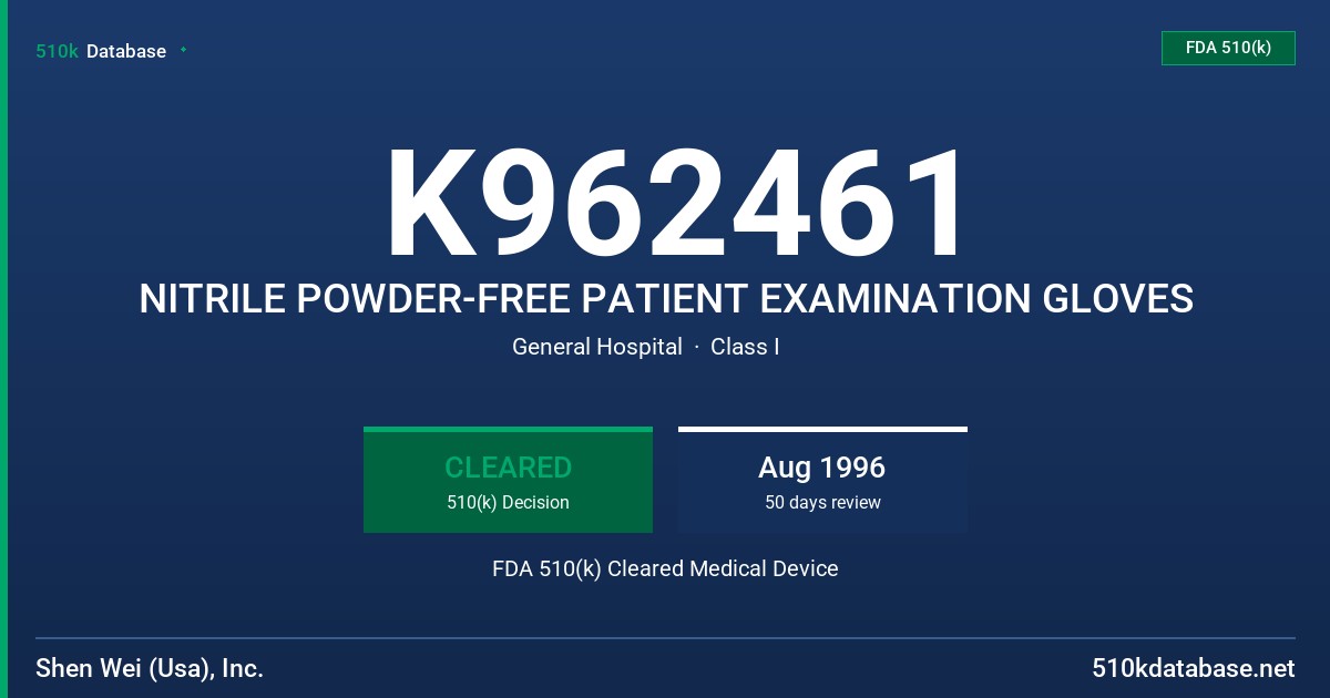 K962461 NITRILE POWDER-FREE PATIENT EXAMINATION GLOVES FDA 510(k) Cleared Medical Device