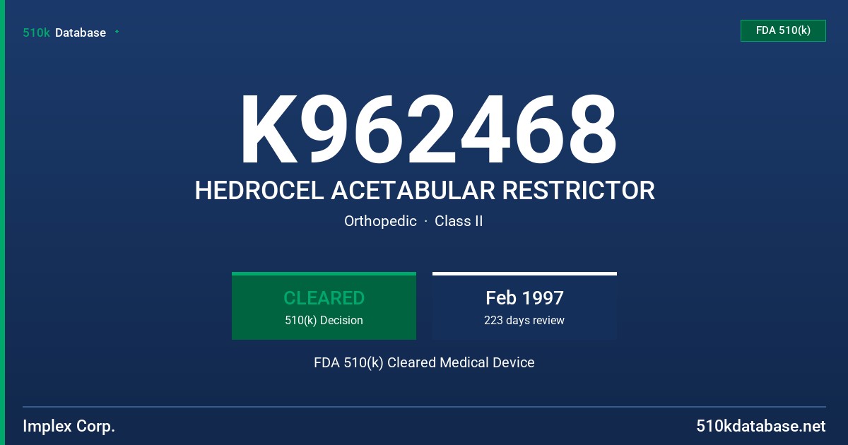 K962468 HEDROCEL ACETABULAR RESTRICTOR FDA 510(k) Cleared Medical Device