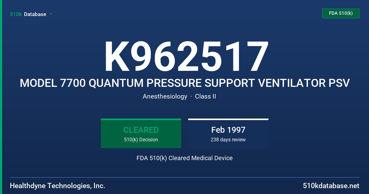 K962517 MODEL 7700 QUANTUM PRESSURE SUPPORT VENTILATOR PSV FDA 510(k) Cleared Medical Device