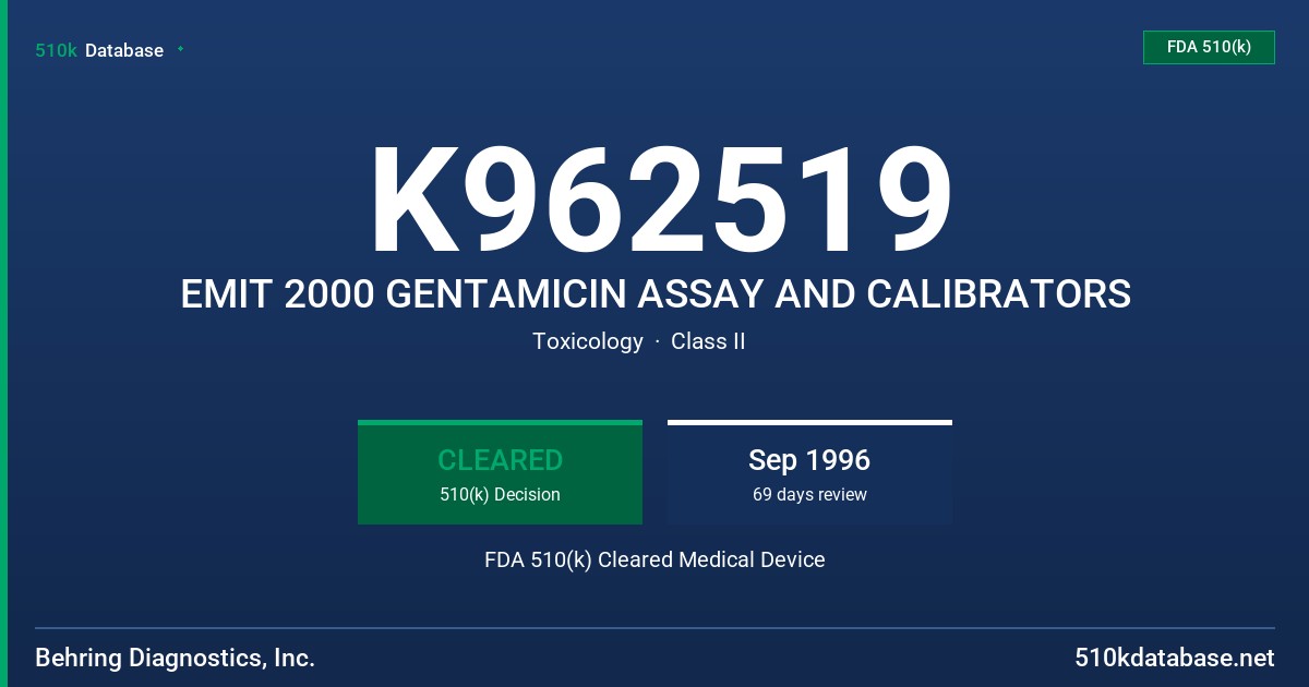 K962519 EMIT 2000 GENTAMICIN ASSAY AND CALIBRATORS FDA 510(k) Cleared Medical Device