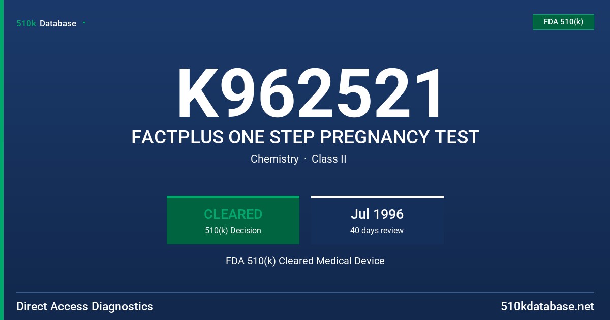 K962521 FACTPLUS ONE STEP PREGNANCY TEST FDA 510(k) Cleared Medical Device