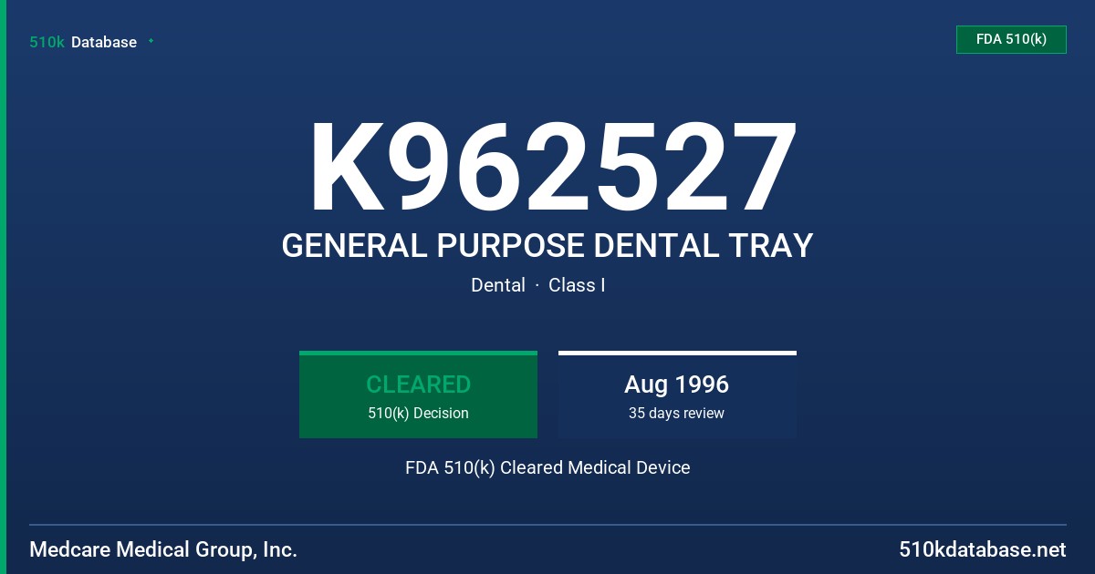 K962527 GENERAL PURPOSE DENTAL TRAY FDA 510(k) Cleared Medical Device