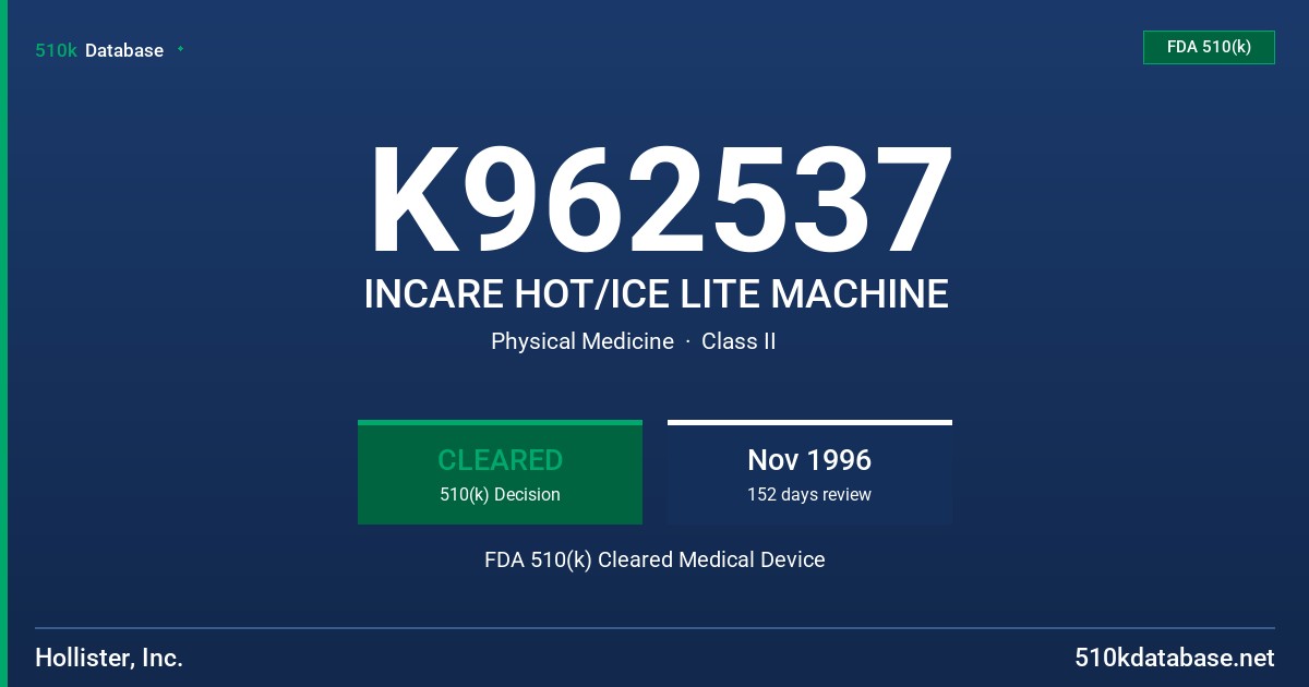 K962537 INCARE HOT/ICE LITE MACHINE FDA 510(k) Cleared Medical Device