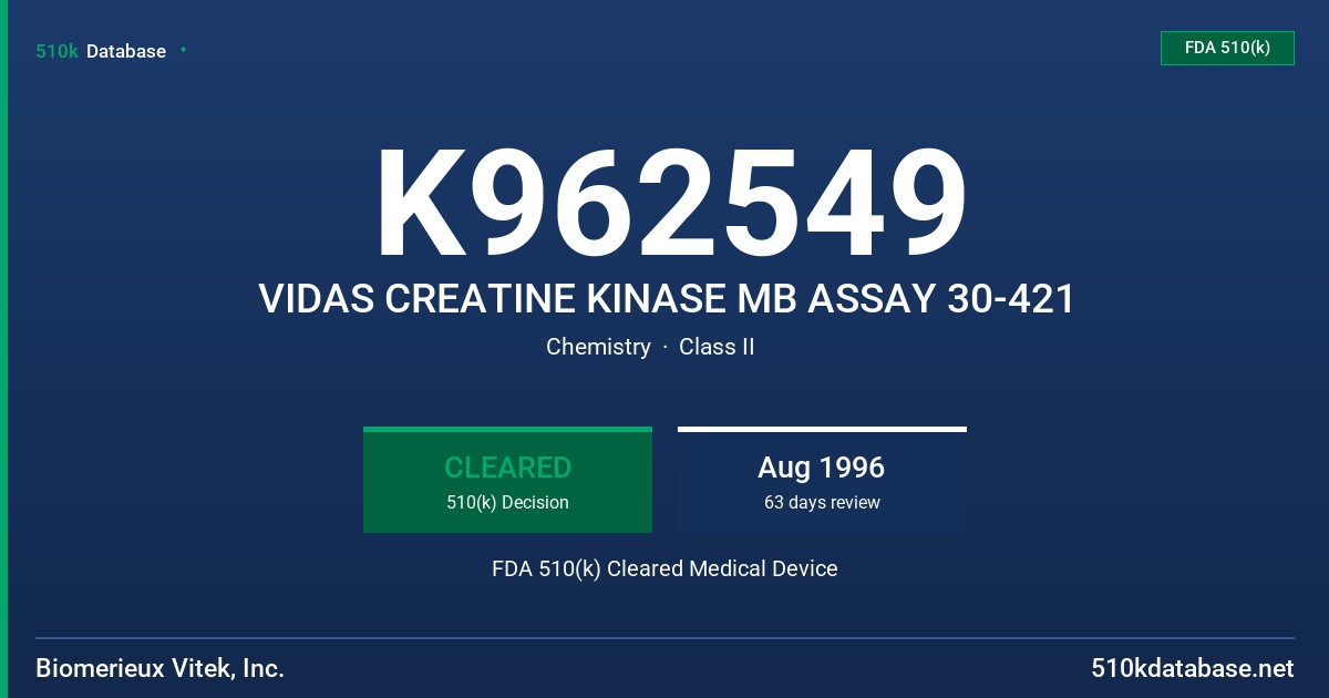 K962549 VIDAS CREATINE KINASE MB ASSAY 30-421 FDA 510(k) Cleared Medical Device